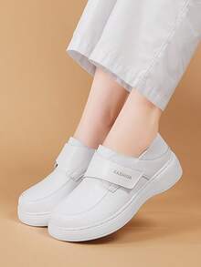 Women Thick-Sole Solid Color Leather Shoes, Fashion School Style Lace-Up Loafers, Comfy Light-Weight Shoes - White - View 6