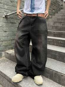 Impala Jeans Baggy para Hombre, Pantalón de Mezclilla de Ajuste Holgado, Diseño Desgastado Vintage, Pierna Ancha, Estilo Y2K Calle, Casual para Uso Diario, Moda Urbana Juvenil - Negro - Ver 4