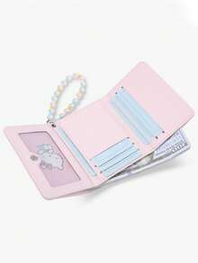 Cute Pink Cat PU Leather Wallet With Colorful Beaded Strap, Japanese Style Short Wallet, Multiple Card Slots, Zipper Coin Pocket, Women's Girls Mini Clutch - Pink - View 7