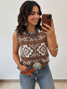 Acelitt Rompi Rajut Kasual Tanpa Lengan Kancing Depan Terbuka Motif Geometris Jacquard Dasar Cokelat untuk Wanita - MultiWarna - View 1