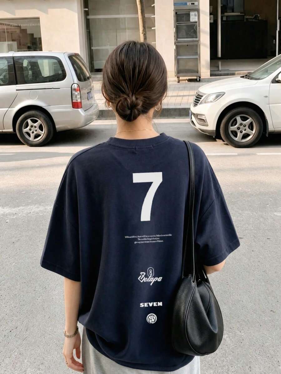 女款時尚寬鬆圓領休閒字母印花短袖T恤，夏季 - 藏蓝色 - 查看 1