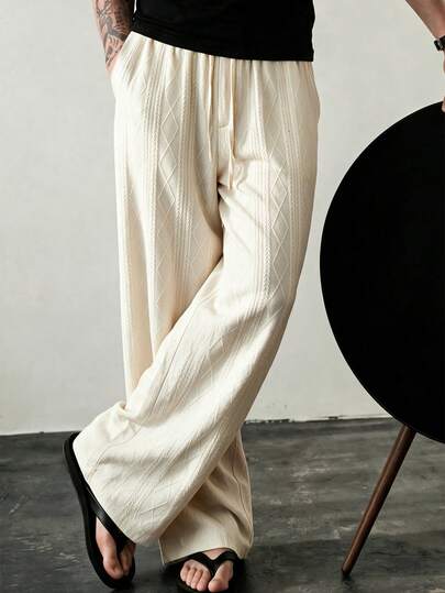 Men's Rhombus Gold Wheat Flower Jacquard Knit Wide Leg Straight Pants, Halloween Christmas Thanksgiving Valentine's Day Labor Day Eid Spring Festival New Year Holiday Date Straight Fit Lazy Casual Relaxed Daily Commute Tight Fit Drawstring Elastic Draped Long Pants