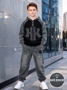 Boys' 2 Pieces Set Autumn/Winter Hooded Sweatshirt With Raw Edge Letter Patch And Half-Button Front, Matching Distressed Cuffed Sweatpants, American Retro Cool Style - Black - View 1