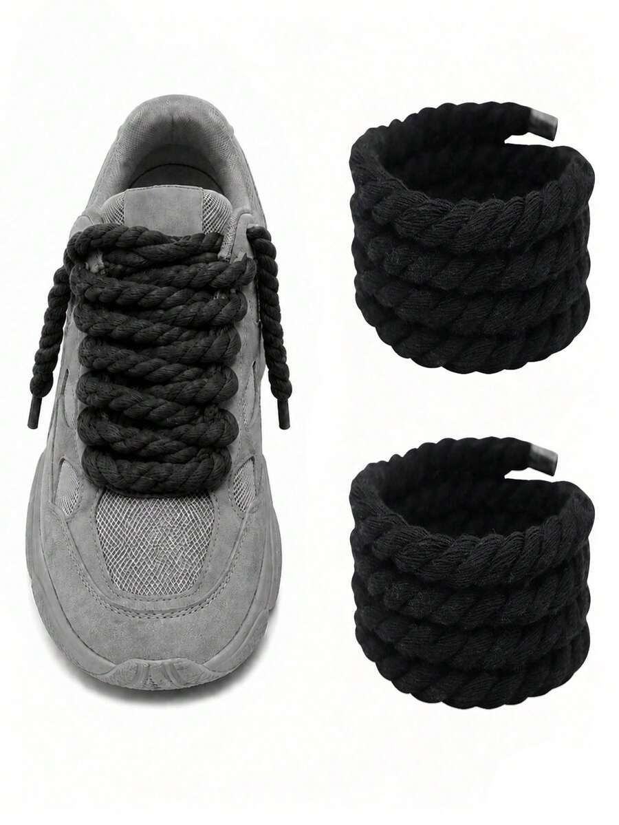 1pair Shoelaces,Thick Rope Shoe Laces,Round Chunky Shoelaces Replacement Strings For Sneakers(120cm/47.24inch) - Black - View 1
