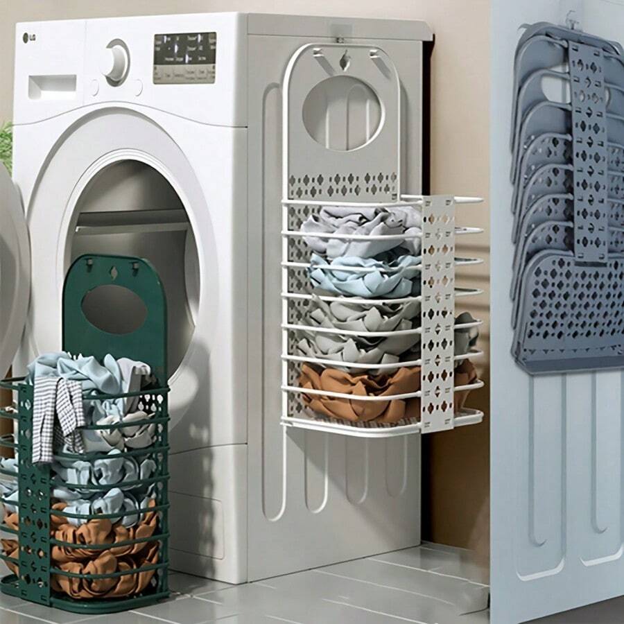 1pc Foldable Large Capacity Wall-Mounted Plastic Storage Basket, No-Drill With Hooks, Space-Saving Hanging Laundry Basket, Suitable For Bathroom