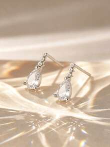1 Pair S925 Sterling Silver Luxury Teardrop Zirconia Stud Earrings, Sparkling Zirconia Inlaid, Elegant Elegant, Quality Jewelry For Women's Daily Wear, Exquisite Gift For Loved Ones - Silver - View 3