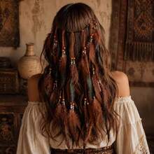 Coffee Colored Feather Headband With Bohemian Style Adjustable Long Feather Hair Accessory - Multicolor - View 6