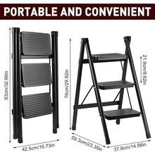 3‑Step Folding Step Ladder, Robust Carbon Steel Heavy‑Duty Step Stool, Reinforced Beams & Widened Pedals With PVC Anti‑Slip Foot Guards, Compact Easy‑Storage Ladder For Indoor Household DIY Use - Black - View 2