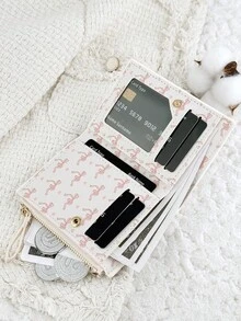Fashionable Bow Print Women's Credit Card Holder, Zipper Fold Closure With ID Window, Suitable For Outdoor And Travel - White - View 9