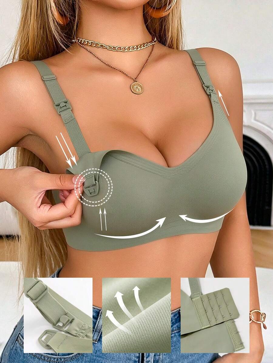 極簡休閒舒適透氣無縫哺乳內衣女款,純色孕婦內衣,綠色無鋼圈托高內褲,前開扣方便產後哺乳 - 綠色 - 查看 1