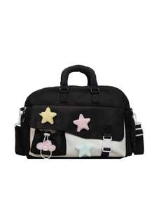 1 buah Tas Duffle Blok Warna Kawaii, Dekorasi Bintang Berbulu, Tas Perjalanan Kapasitas Besar, Tas Tangan & Tas Selempang dengan Tali yang Dapat Diatur untuk Sekolah dan Gym - MultiWarna - View 14