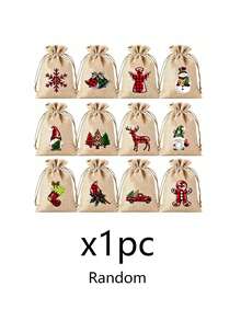 8pcs/Set Christmas Linen Drawstring Gift Bags, Plaid Christmas Print Reusable Linen Bags, Suitable For Holiday Gift Packaging And Party Decoration - Multicolor - View 12