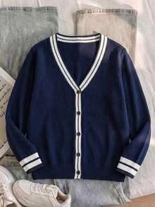 Tween Boys Academy Style Solid Color V-Neck Knit Cardigan Sweater Jacket Suitable For School Casual Spring Autumn Winter - Navy Blue - View 3