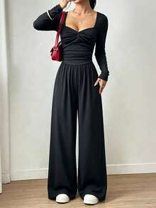 Women's Autumn/Winter Square Neck Front Twist Design Solid Color Pleated Casual Minimalist Daily Wear Jumpsuit - Black - View 3