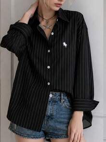 Fashion Striped Print Women's Elegant Versatile Loose Long Shirt, Suitable For Commuting And Daily Wear, All Seasons - Black - View 1