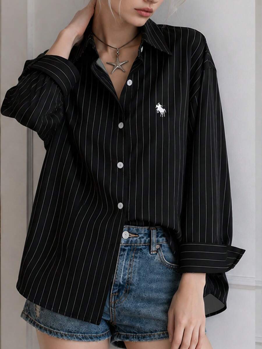 Fashion Striped Print Women's Elegant Versatile Loose Long Shirt, Suitable For Commuting And Daily Wear, All Seasons - Black - View 1