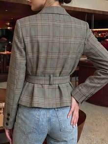 minisummer Women's Elegant Autumn Plaid Stand Collar Short Jacket, Front Button Long Sleeve Coat With Self-Tie Waist And Ruffle Hem, Slim Fit - Multicolor - View 3