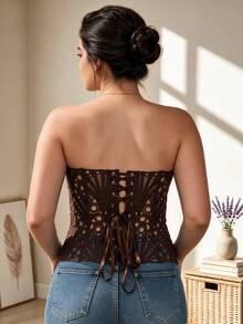 Sexy Style Lace Corset Sheer Fishbone Waist Cincher Sexy Plus Size Tight Bustier - Brown - View 4