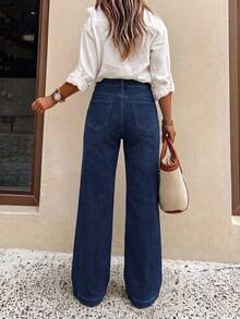 Celana Jeans Wanita Kasual Model Lurus, Celana Denim Lebar Minimalis Warna Polos Modis, Cocok untuk Berbagai Acara dan Pakaian Liburan di Musim Gugur - Biru - View 5