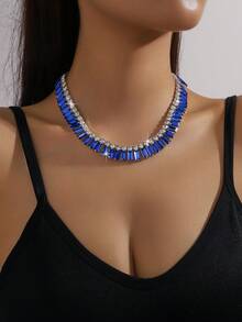 Light Luxury Rectangular Gradient Crystal Collarbone Necklace, Multiple Colors Available, Banquet Ball Photography Dress Matching Necklace - Blue - View 5