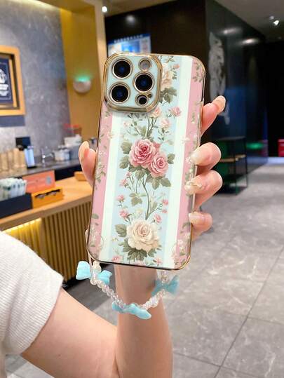 1pc Teal Electroplated TPU French Vintage Vertical Stripe Rose Floral Pattern Full Coverage Phone Case And 1pc Teal Bow Pearl Wrist Strap, Full Coverage Dustproof Waterproof Soft Shell Suitable For Versatile Phone Case/Interesting Phone Case/Android Phone Case, For Galaxy S26 S25 S24 S23 S22 S21 S20 Plus Ultra FE Case/Galaxy A56 A55 A54 4G 5G Case/Galaxy A16 A15 Case