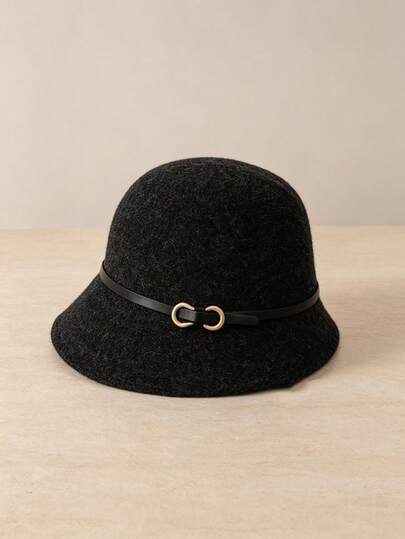 1 buah Topi Ember Wol Campuran Wanita, Topi Ember Berbentuk Lonceng Elegan dengan Tali Kulit PU dan Gesper Logam, Gaya Vintage, Cocok untuk Perjalanan Sehari-hari, Fotografi Jalanan, Belanja, Kencan, dan Pakaian Musim Gugur/Dingin