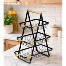 2-Tier & 3-Tier Available, Fruit Basket With Wooden Handle, Portable Fruit Bowl, Kitchen Counter Storage Rack, Detachable Rectangular Metal Basket For Fruits, Vegetables, Bread, Snacks, Banana, Home Decor Organizer - Multicolor - View 11