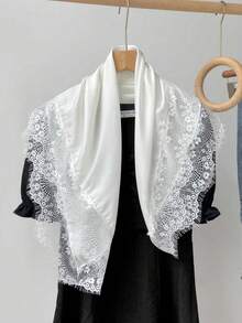 1 Piece Luxury Satin Hijab With Delicate Lace Trim - Silky Muslim Headscarf For Formal Events, Weddings & Daily Use - White - View 7