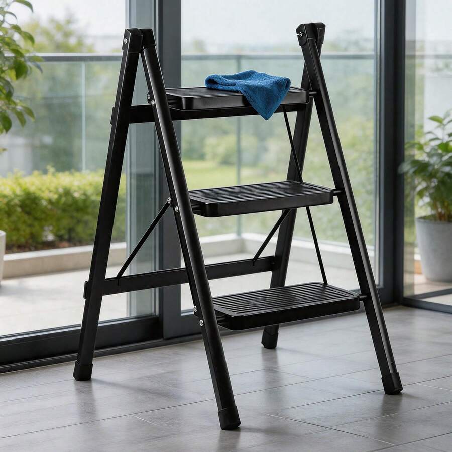 3‑Step Folding Step Ladder, Robust Carbon Steel Heavy‑Duty Step Stool, Reinforced Beams & Widened Pedals With PVC Anti‑Slip Foot Guards, Compact Easy‑Storage Ladder For Indoor Household DIY Use - Black - View 1