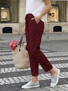 Jisfaneya Women's Solid Color Drawstring Casual Straight Leg Pants With Pockets - Burgundy - View 6
