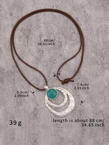 1pc Bohemian Western Cowboy Style Double Layer Asymmetrical Oval Ring Pendant Necklace With Faux Turquoise Inlay, Halloween Party Gathering Daily Accessory, Unisex Couple Necklace - Wax Rope - View 4