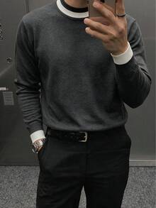 Men's Round Neck Contrast Color Ribbed Trim Knit Sweater, Autumn/Winter Long Sleeve Pullover, Mature Style, Commute Casual Inner Layer/Outerwear Top - Dark Grey - View 4