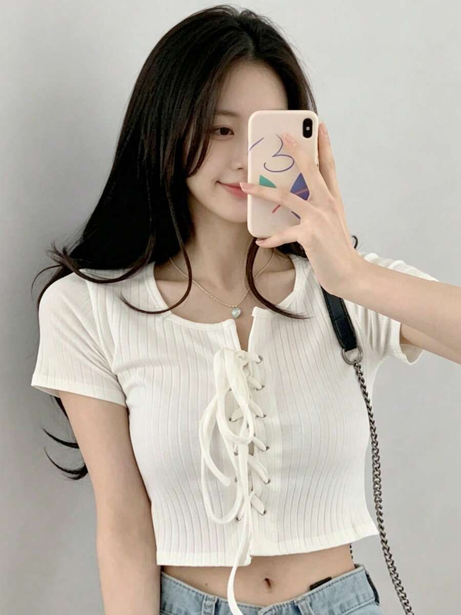 YCYC 女款夏季純色圓領鏤空綁帶休閒短袖T恤 - 白色 - 查看 1