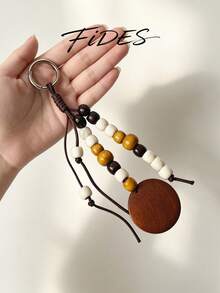 1PC Woven Rope Wooden Bead Pendant With Round Wooden Disc Charm, Personalized Artistic Textured Hanging Ornament, Daily Bag Decoration Accessory, Beaded Craft Decorative Pendant - Multicolor - View 3