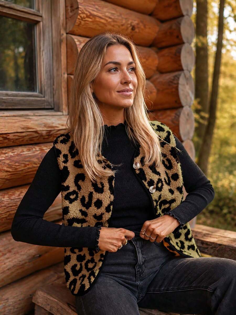 Acelitt Leopard Print Contrast Color Faux Fur Vest Single-Breasted Fleece Jacket Women's Winter Coat Vacation - Apricot - View 1