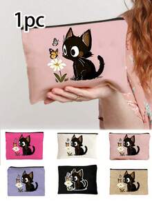 Cute Cat Pattern Handbag, Daily Toiletries Makeup Bag, Zipper Makeup Bag, Storage Bag, Lightweight Travel Storage Bag, Small Storage Bag, Easy To Categorize, Easy To Carry, Suitable For Daily Use, Commuting, Back To School Season, Stationery Storage, Cosmetics Storage, Perfect Daily Gift For Family And Friends - Multicolor - View 1