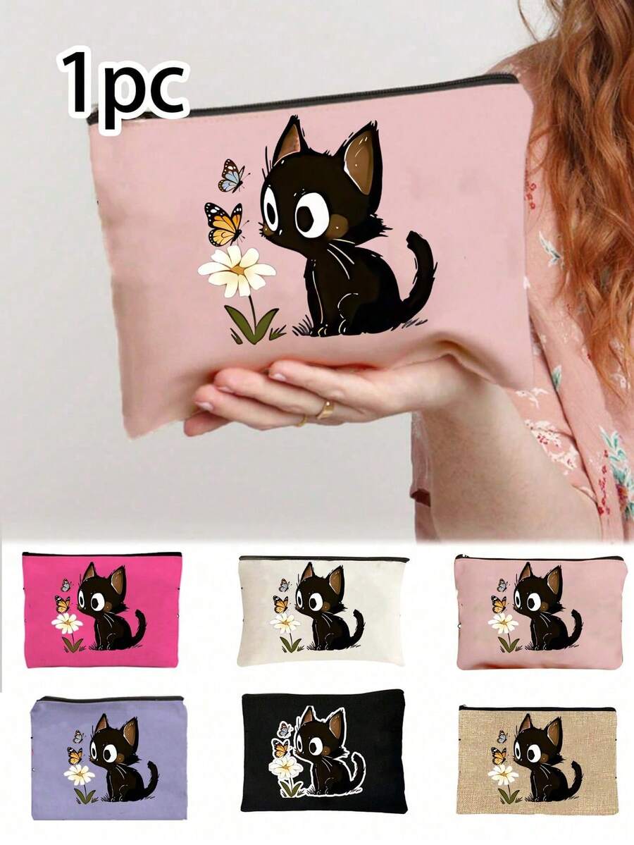 Cute Cat Pattern Handbag, Daily Toiletries Makeup Bag, Zipper Makeup Bag, Storage Bag, Lightweight Travel Storage Bag, Small Storage Bag, Easy To Categorize, Easy To Carry, Suitable For Daily Use, Commuting, Back To School Season, Stationery Storage, Cosmetics Storage, Perfect Daily Gift For Family And Friends - Multicolor - View 1
