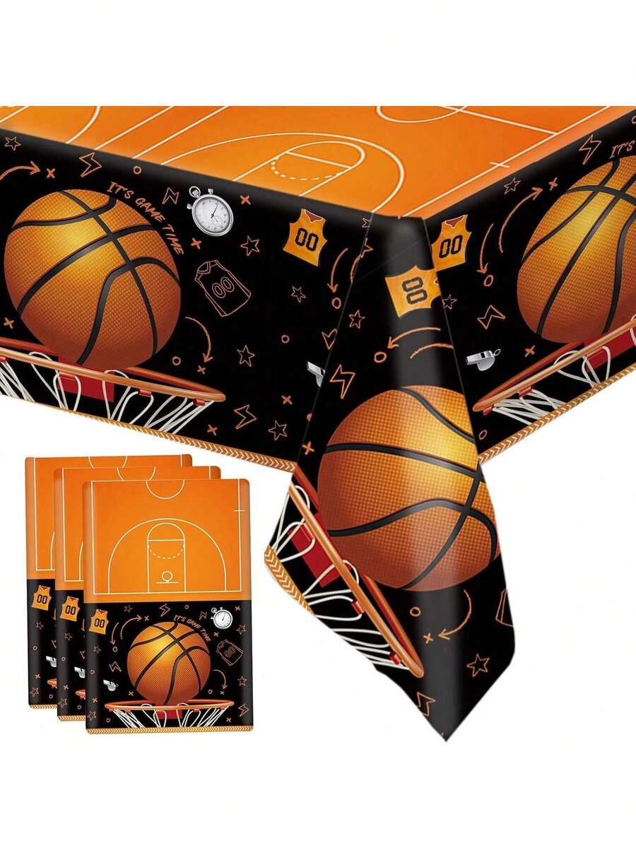 3 Pcs Basketball Theme Party Tablecloth, Disposable Plastic Basketball Birthday Table Cover, Rectangular 137 X 274 Cm, Basketball Theme Party Decorations, Dark - Basketball Theme - View 1