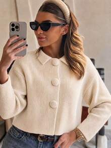Sweater Rajut Leher Bulat Berwarna Abu-abu Muda Elegan dengan Motif Bercak, Atasan Serbaguna untuk di Rumah, Kantor, dan Perjalanan - Aprikot - View 1