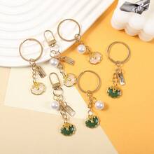 Creative Alloy Oil Drop Lotus Leaf Pendant Key Ring Faux Pearl Letter Hanging Tag Hanging Chain Car Key Bag Pendant - Multicolor - View 1
