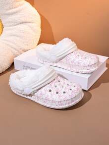 1 Pair Girls' Comfortable Fashion Thermal Lined Warm Bowknot Print Clogs, Suitable For Autumn/Winter - White - View 5