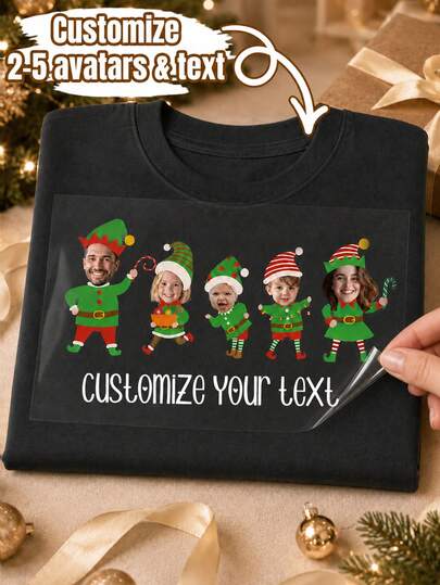 Custom Christmas Family Face Transfer Decal, Personalized 2-5 Photo Elf Design, Festive Holiday Shirt Decor, Customized Family Photo Sticker, Customizable Text Clothing Decal, Christmas Party Outfit Decor, Holiday Gift 2026, Christmas Gift