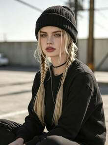 1PC Unisex Solid Black Ribbed Cuffed Knit Beanie Hat, Soft Stretchy Warm Skull Cap, Casual Y2K Fall Winter Daily Street Headwear For Men Women - Multicolor - View 3
