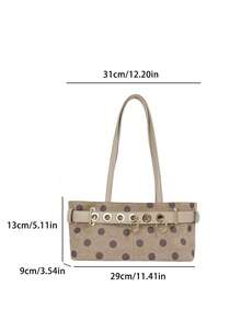 1pc Polka Dot Pattern Suede Tote Bag, Strap Metal Eyelet Decor Shoulder Bag Baguette Bag, Suitable For University, Commute, Shopping, Street Shopping, Daily Use - Khaki - View 3
