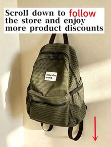 Summer Large Capacity Fashion Plaid Multi-Pocket Nylon Casual Backpack, Waterproof Lightweight Foldable Drawstring Patch Letter Travel Bag - Army Green - View 3