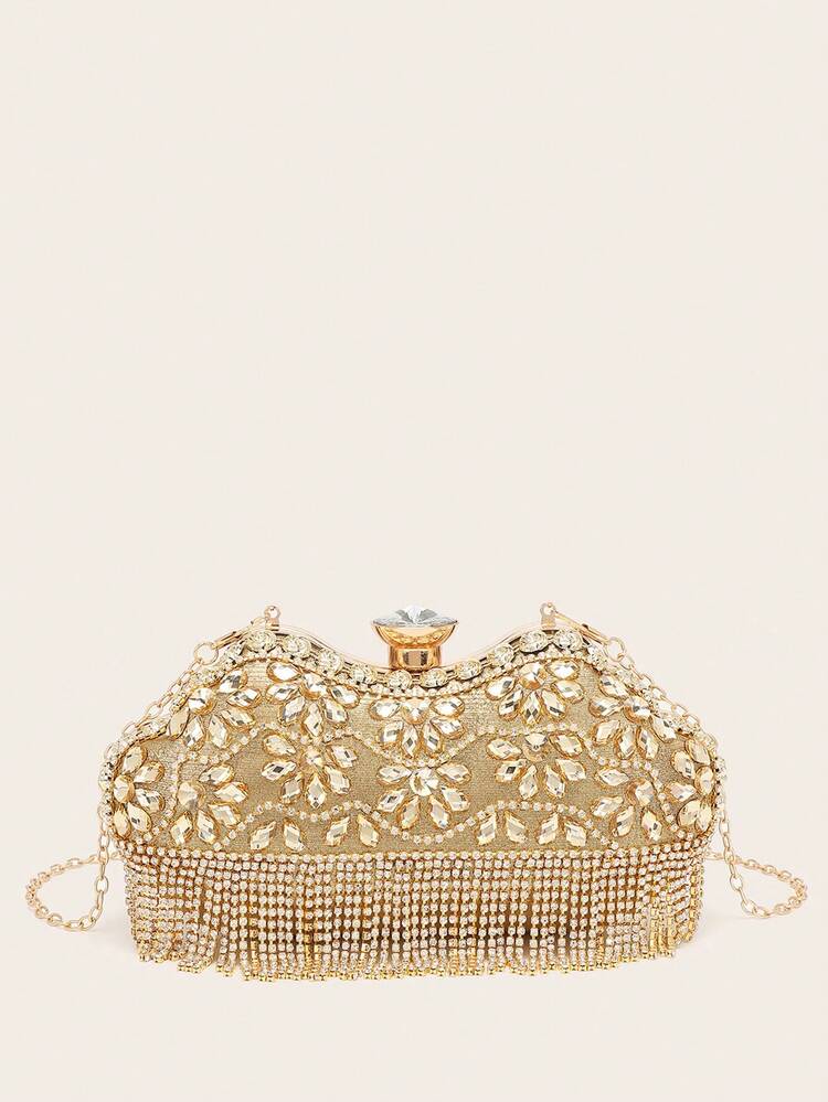 Mini Rhinestone Tassel Handbag Evening Clutch - Gold - View 4