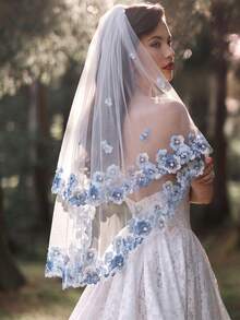 Fresh Blue Floral Embroidered Double Layer Veil, Vintage Mori Style Outdoor Wedding Bridal Face Veil Photography Styling Accessory - Multicolor - View 4