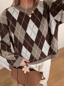 1pc Autumn/Winter Vintage Style Argyle Round Neck Sweater, Soft & Comfortable, Casual Slouchy Contrast Color Knit Pullover - Multicolor - View 4