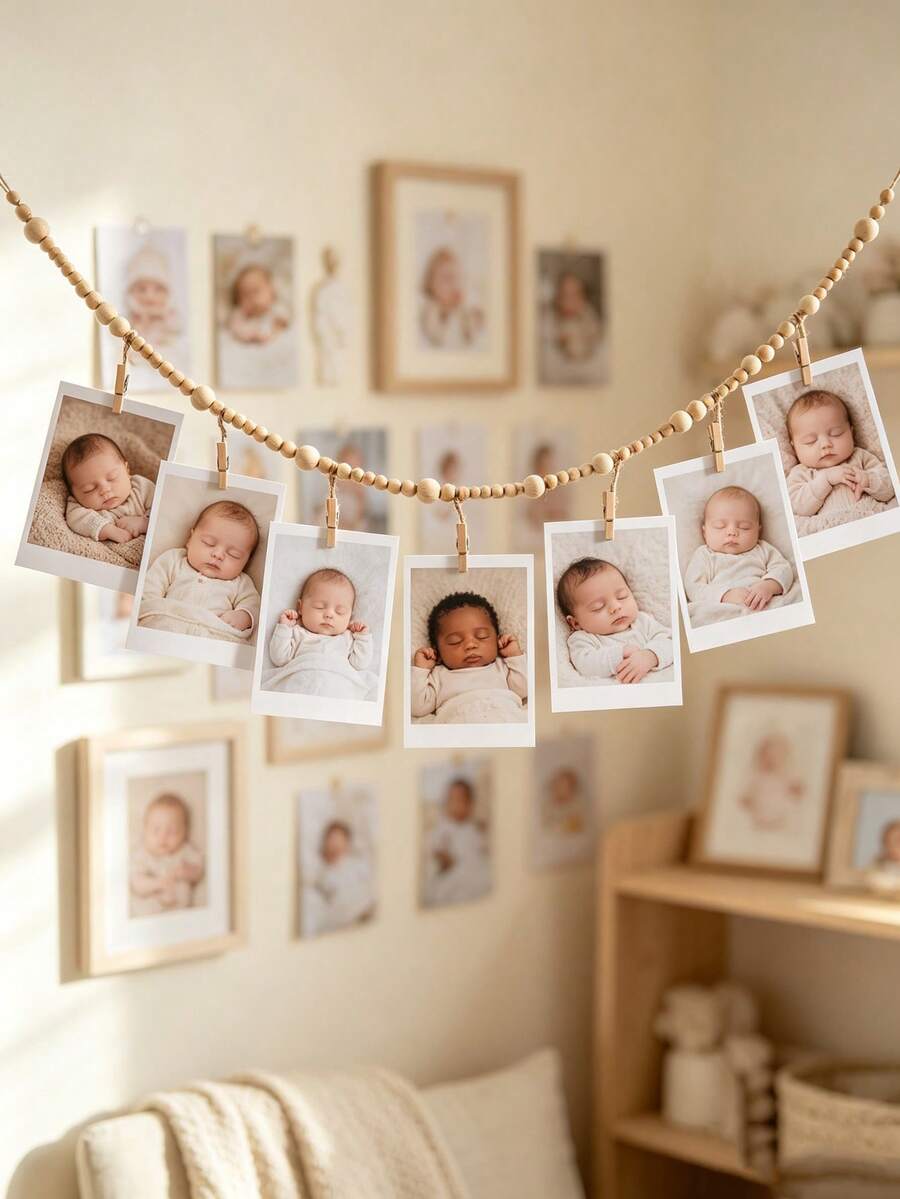 Bohemian Style Wooden Bead Photo Wall Hanging Decor, Nordic Minimalist Wooden Bead & Hemp Rope Photo String, Creative Wooden Clip Photo Hanging Decor, Baby Room Storage & Decoration Dual-Use, Easy Installation - Multicolor - View 1