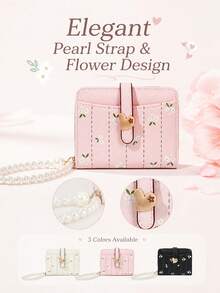 Floral PU Leather Short Wallet, Heart Buckle Card Holder With Pearl Shoulder Strap, Cute Coin Purse With Card Slots - Multicolor - View 4
